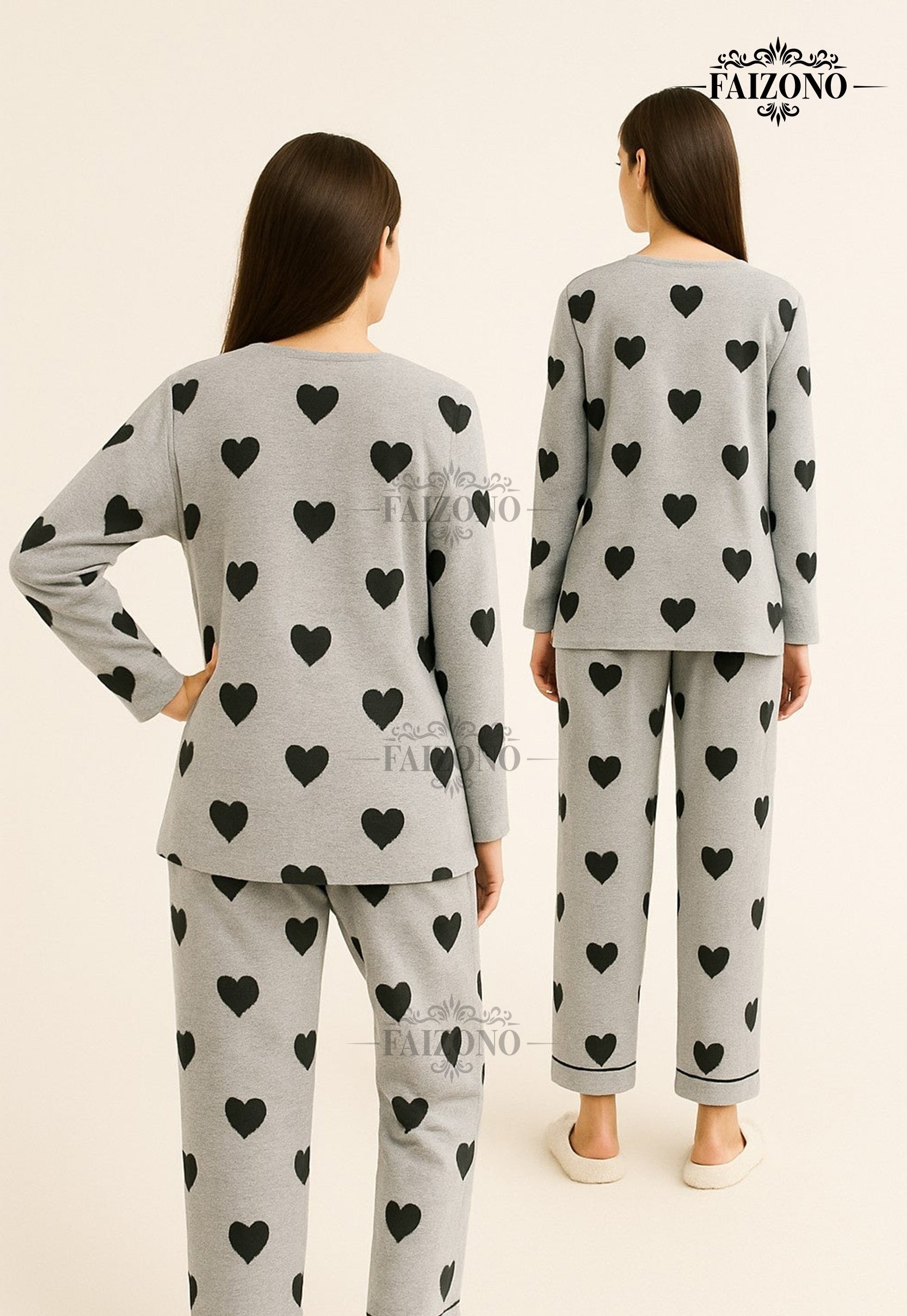 Grey Black Multi Heart Pjs Set