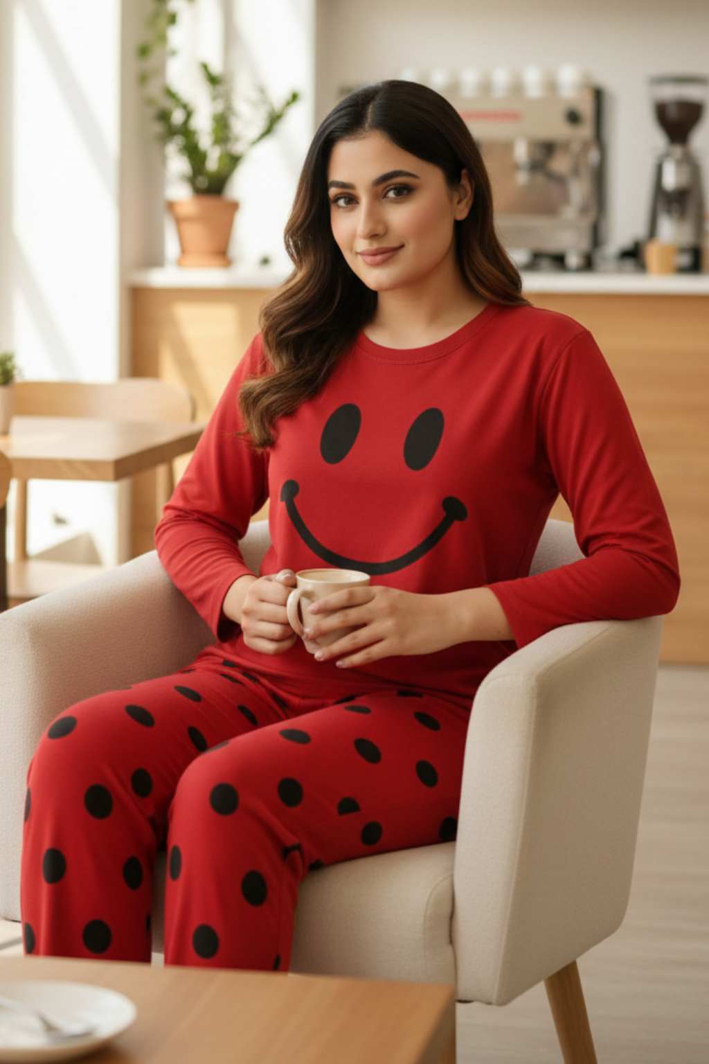Red Smiley Full Sleeves Printed Pajama Night Suit