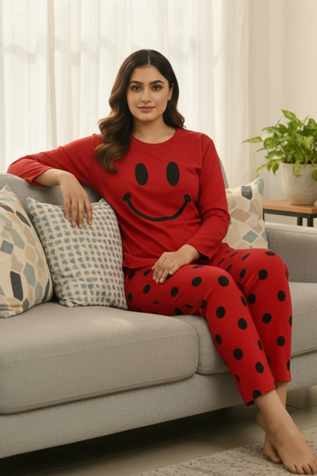 Red Smiley Full Sleeves Printed Pajama Night Suit