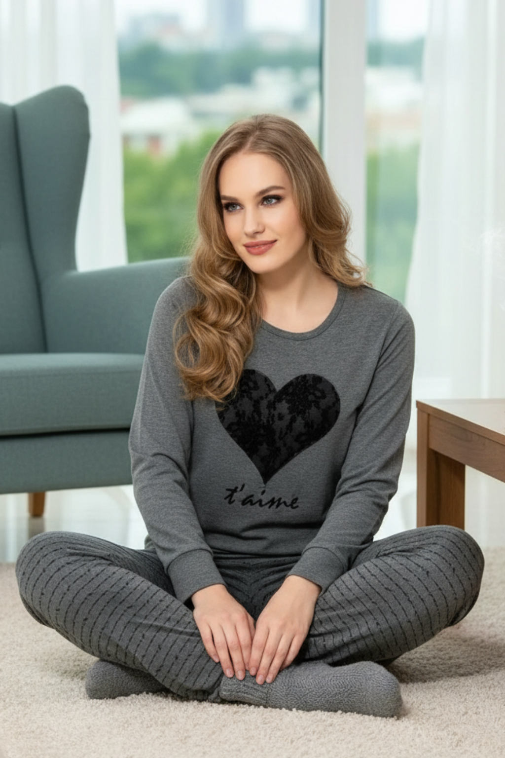 Black Heart Printed Night Suit