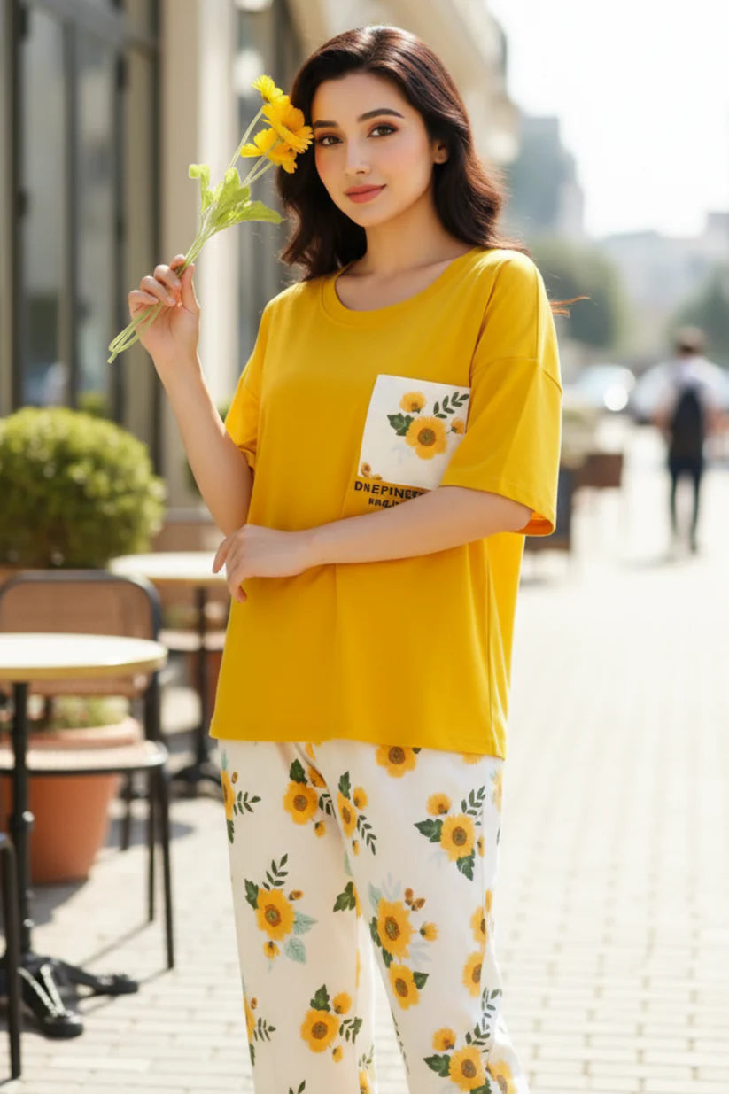 Yellow Flower Pocket Printed Night Suits