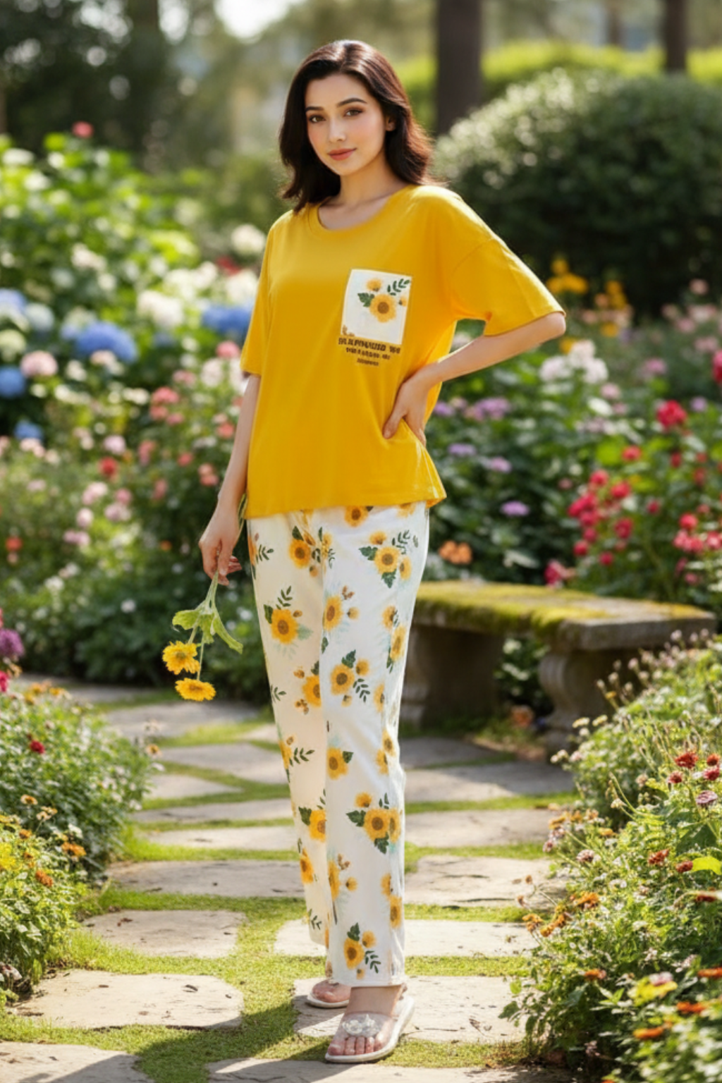 Yellow Flower Pocket Printed Night Suits
