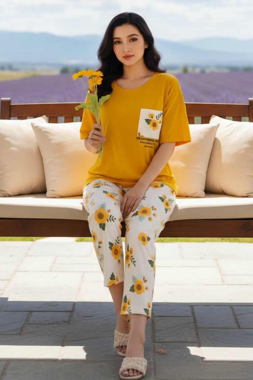 Yellow Flower Pocket Printed Night Suits